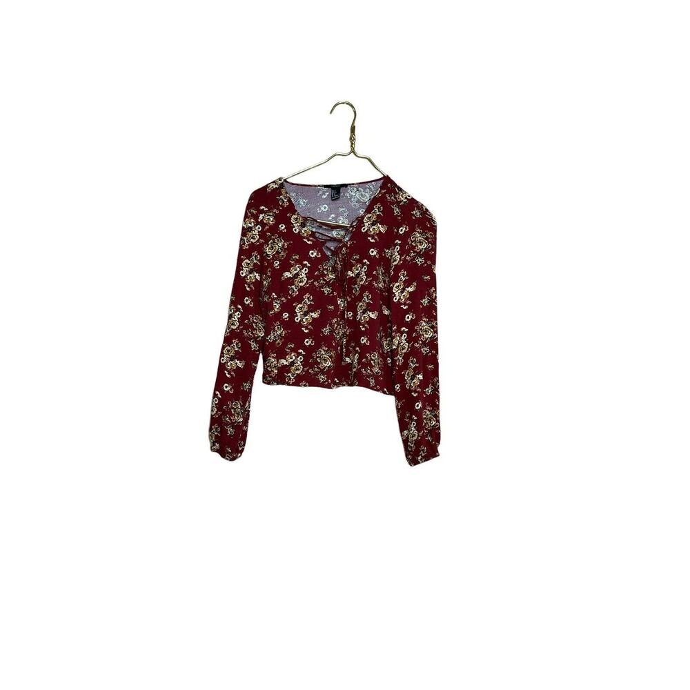 Forever 21 Burgundy Floral Lace-Up Crop Top Blouse Boho - Picture 3 of 7